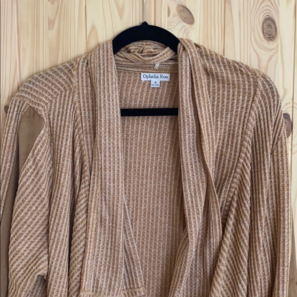 Ophelia Roe 1X tan cardigan with faux suede